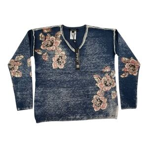 Charlie B Reverse Print Floral V-Neck Sweater Blue Wmn’s Size M MSRP$136 NWT